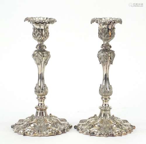 Pair of 19th century classical silver plated acanthus leaf c...