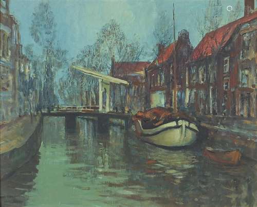 Dutch canal scene, oil on board, mounted and framed, 49.5cm ...