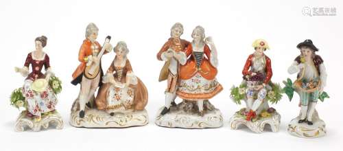 Five Continental porcelain figures/groups including two pair...