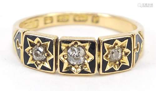 Victorian 18ct gold diamond and black enamel three stone mou...