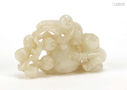 Chinese white jade carving of two boys and peaches, 8cm wide