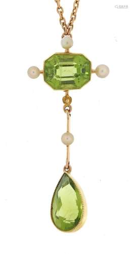 Art Nouveau 15ct gold peridot and pearl pendant necklace, 40...