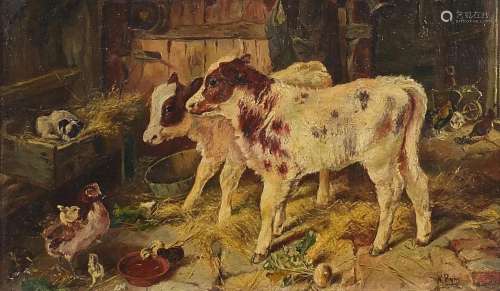 W Pym - Farm animals in a barn, 19th century oil on board, m...