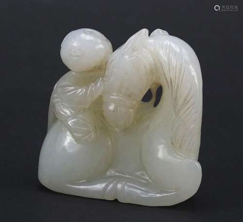 Chinese white jade carving of boy and horse, 5.5cm in length