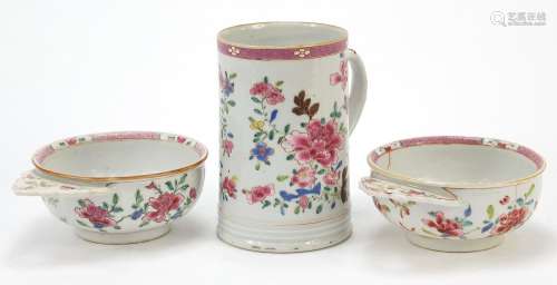 Chinese porcelain tankard and two dishes, each hand painted ...