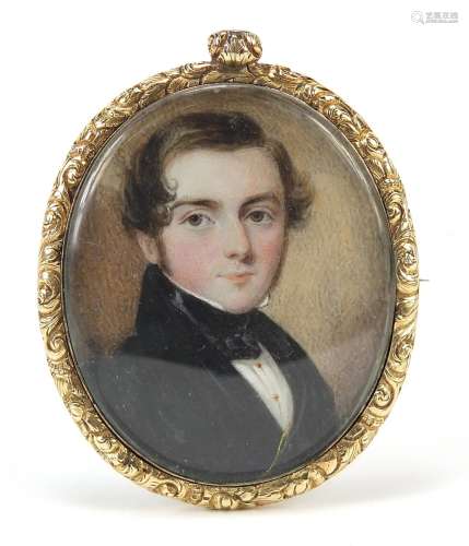 Georgian oval hand painted portrait miniature of a young gen...