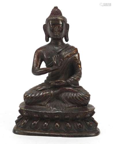 Chino-Tibetan partially gilt bronze figure of seated Buddha ...