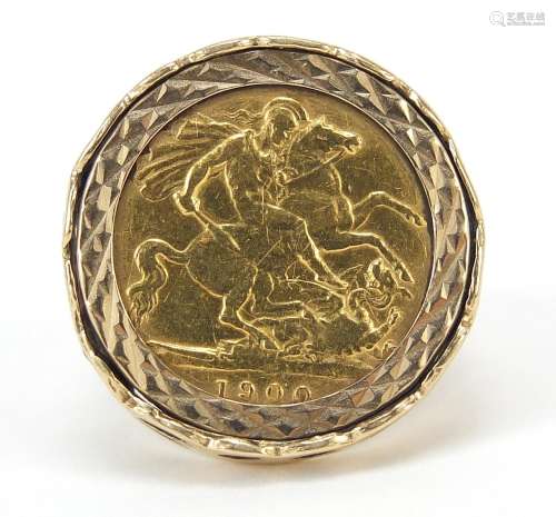 Queen Victoria 1900 half sovereign with 9ct gold ring mount,...