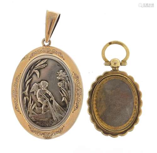 Large silver and gilt locket embossed with Putti with a fish...