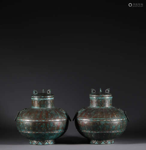 Bronze gold and Silver Inlaid Turquoise pot of Han Dynasty