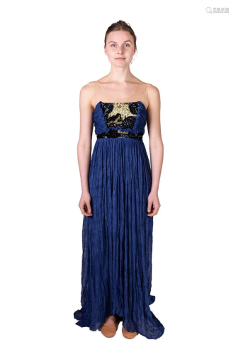Blue strapless evening dress with gold / black sequins