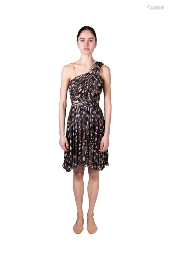 Brown short evening dress with feather motif