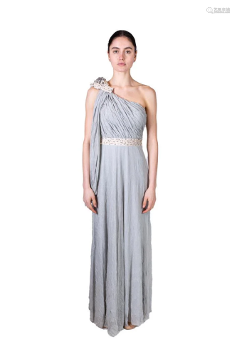 Gray long evening dress with beaded decoration