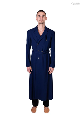 Long men's coat with dark blue belt. Costume from