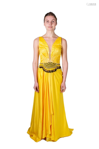 Yellow prom dress with black and yellow bead decoration