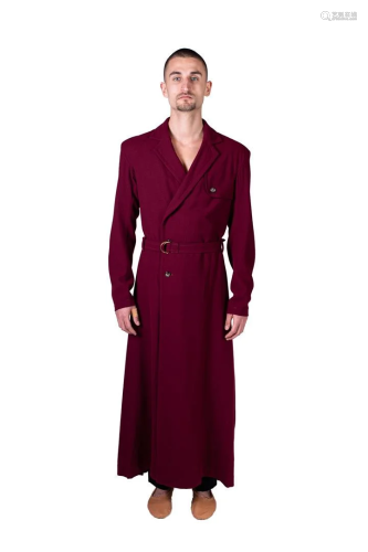 Long men's coat with dark red belt. Costume from