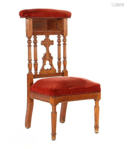 Oak-covered prayer chair with pink upholstered seat