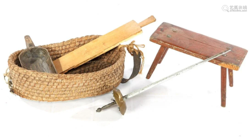 Wooden stool, wicker sowing basket, wooden shovel