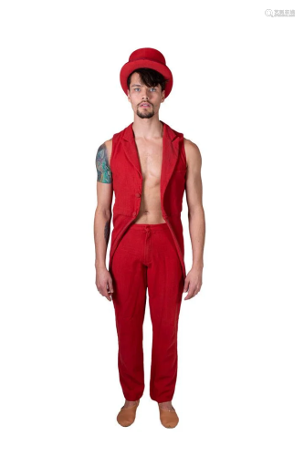 Red men's suit (waistcoat with slip, trousers) and top