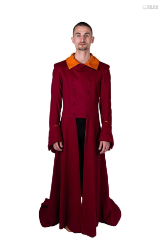 Long red men's coat with orange lining