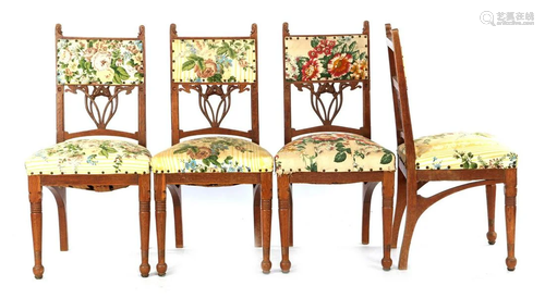 4 oak Jugenstil dining room chairs with floral