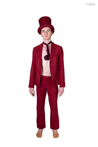 Red men's suit (jacket, trousers, curly tie) and top