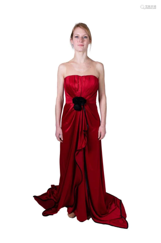 Red strapless prom dress with black roses