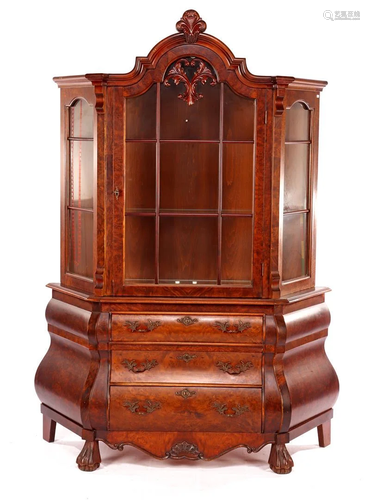 Burr walnut veneer 2-part china cabinet with 3-drawers