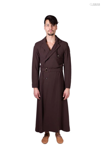 Long men's coat with brown belt. Costume from celebrAGE