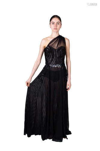 Black prom dress with beaded decoration at the waist