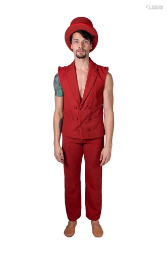 Red men's suit (waistcoat, trousers) and top hat