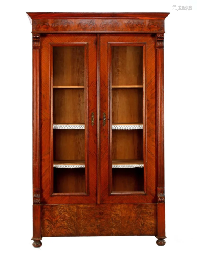Mahogany veneer 2-door bookcase with glass in doors