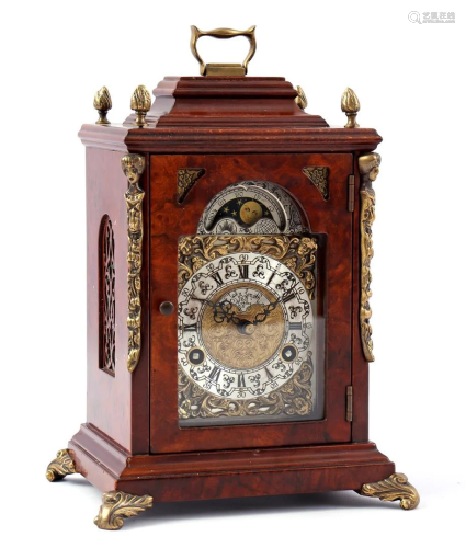 Table clock with moon phase in burr walnut veneer case