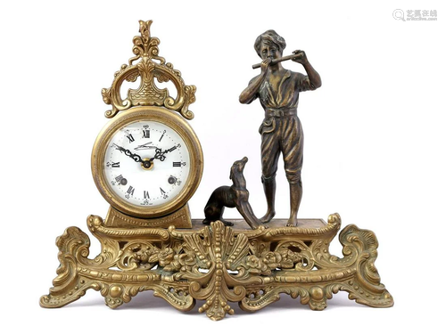 Brass mantel clock with boy and dog playing the flute