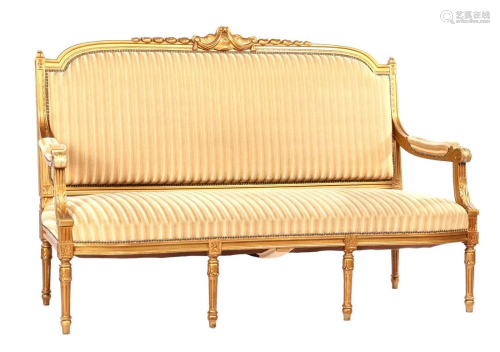 Classic sofa with striped upholstery and gold-colored