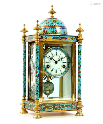 Brass table clock with enamel cloisonne and porcelain
