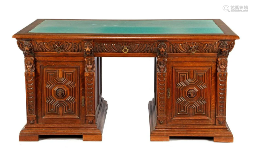 Oak partner desk with richly carved decor with lion