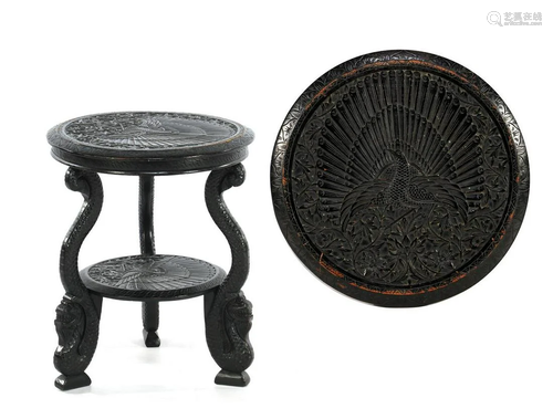 Black lacquered side table with decoration