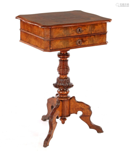 19th century walnut veneer craft table on column leg