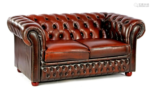 Brown leather Chesterfield 2-seater sofa