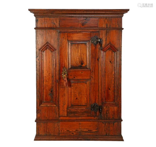 German pine 1-door cabinet with profiled moldings