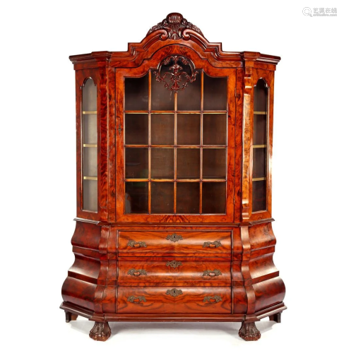 Burr walnut veneer 2-part china cabinet with 3-drawers