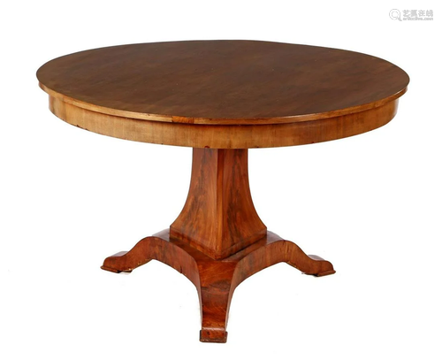 Walnut veneer dining table on column ending in