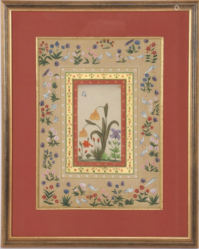 Painted wall decoration with floral and bird dÃ©cor