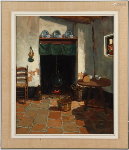 Signed Alfred Eckhardt, Kettle over fireplace in