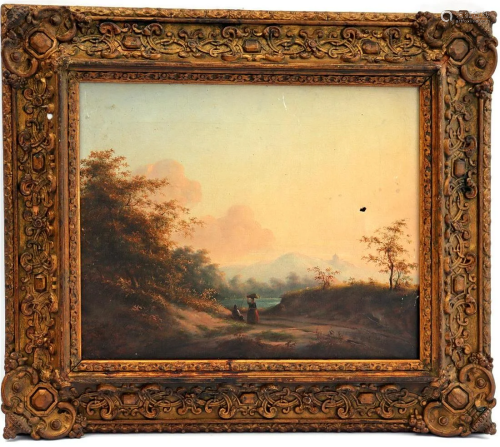 Unclearly signed, Romantic landscape with figures