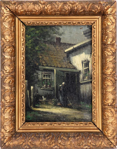 Unclearly signed, woman with broom in yard