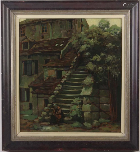 Unclearly signed, Woman sitting on stairs