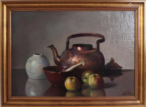 signed Post, J vd, still life with copper kettle