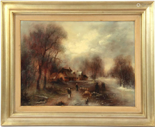 Unclearly signed, Winter landscape with figures